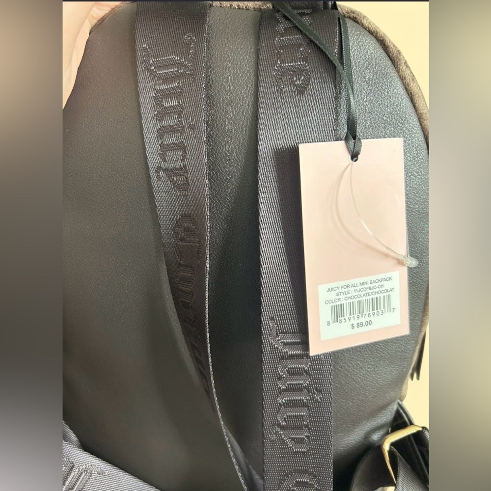 Juicy Couture NWT Mini Backpack Brown Velour “Juicy for All” w/ Key Charm - Picture 4 of 5